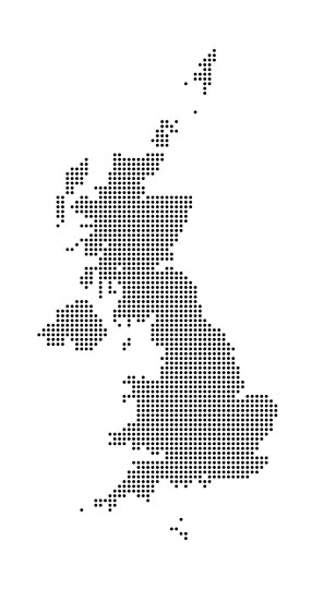 A map of the United Kingdom drawn in dots.